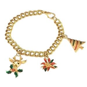 Vintage 1990s Christmas Charm Bracelet Enamel Deer Tree Poinsettia - 3Z